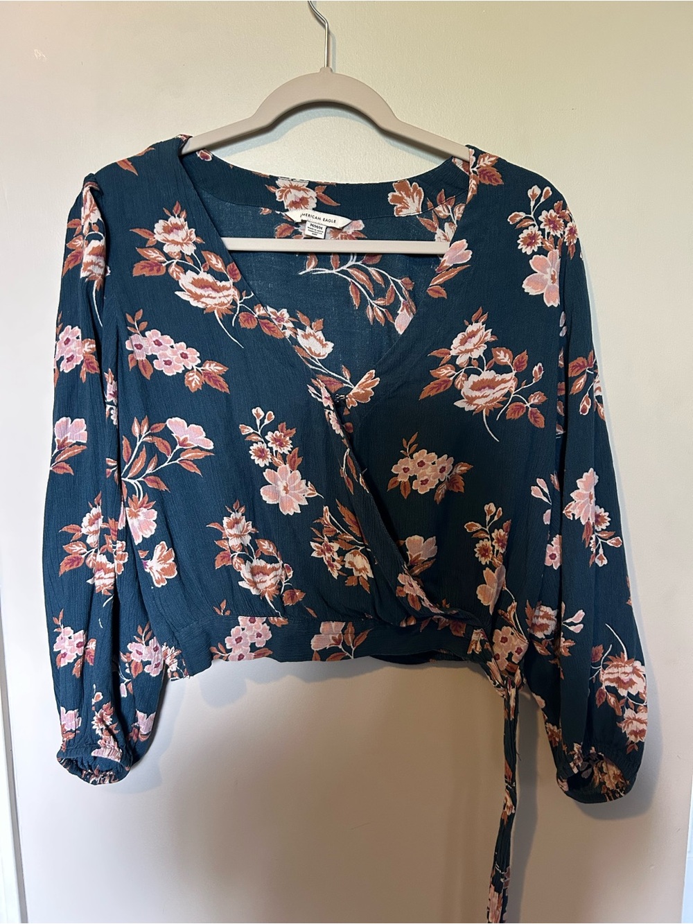American Eagle Outfitters Teal Floral Wrap Blouse with Pink Blooms